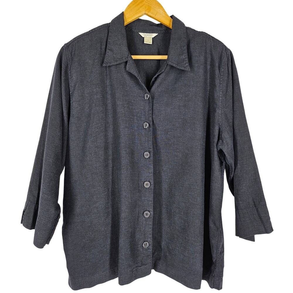 CHRISTOPHER & BANKS WOMEN'S BLUE BUTTON-UP LONG SLEEVE SHACKET – SIZE LARGE